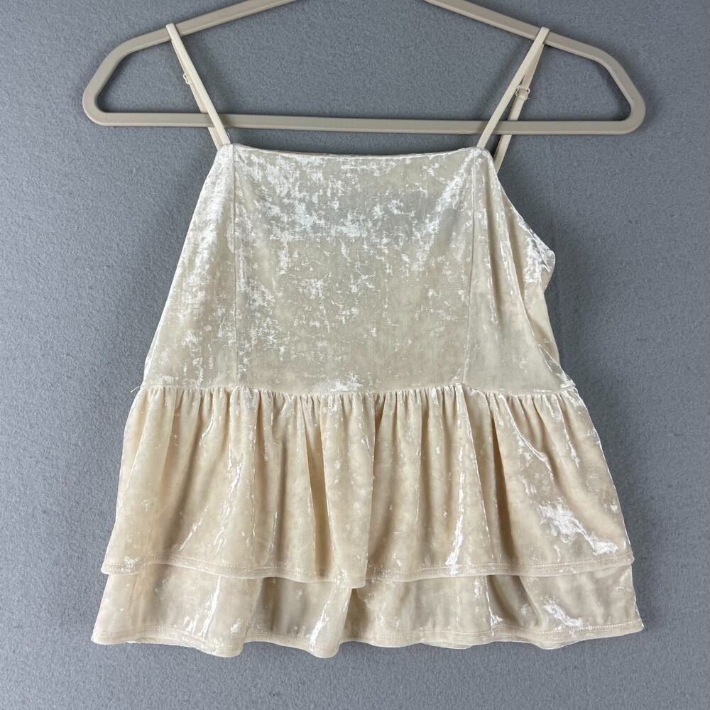 American Eagle Crushed Velvet Babydoll Top Womens Small Cream Ruffle Smocked Y2K